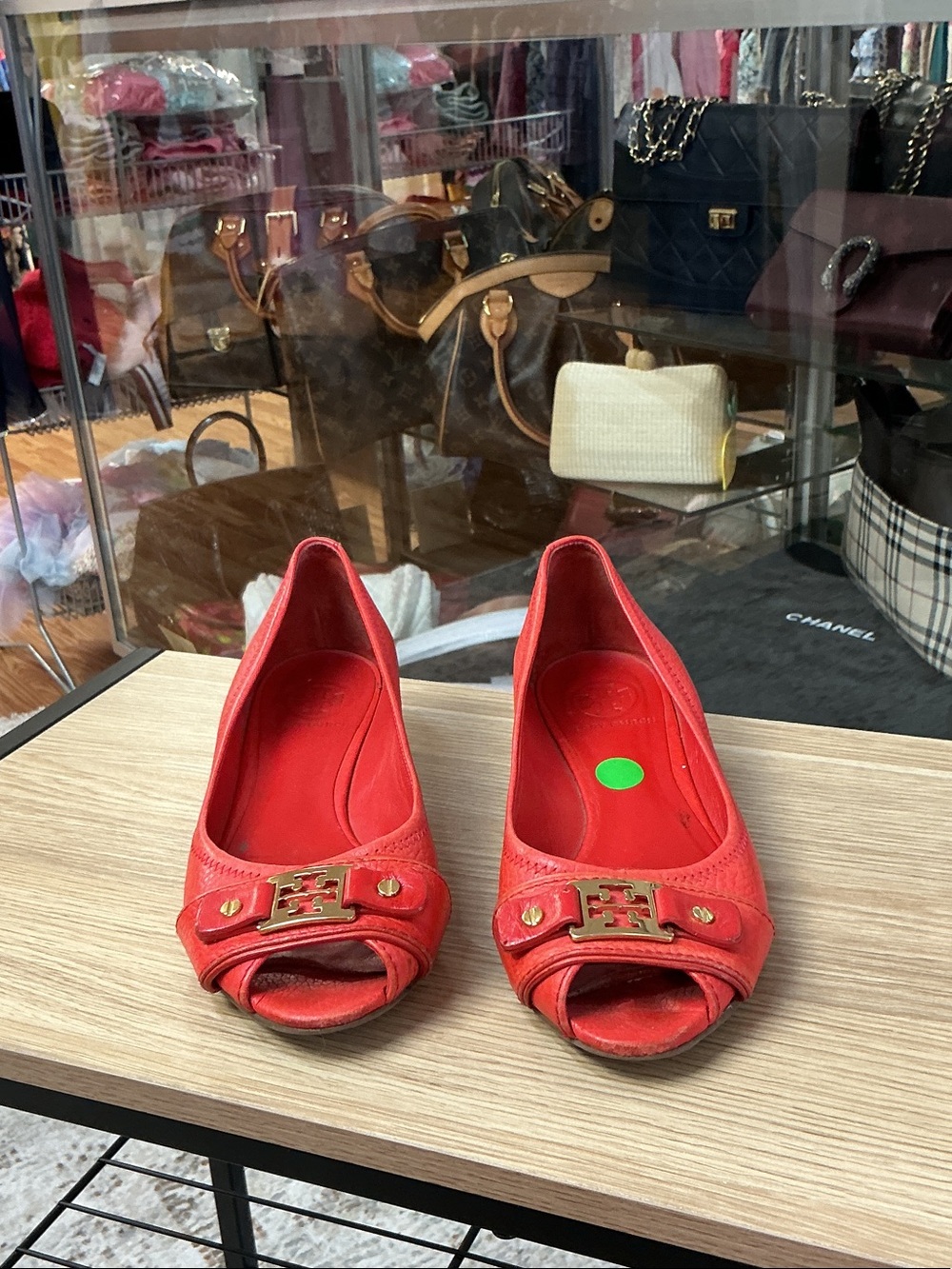 Tory Burch Red Peep-Toe Logo Flats
